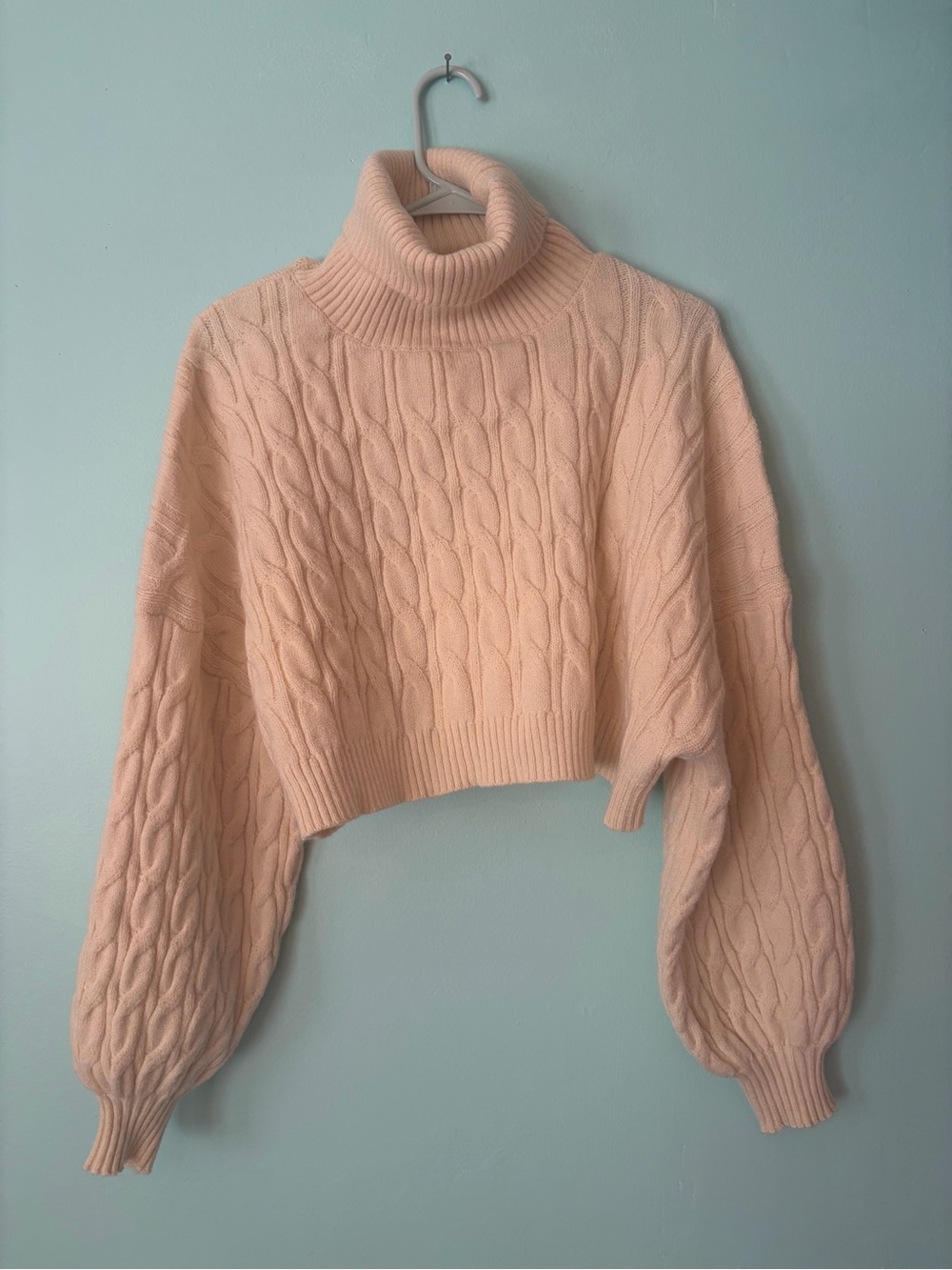Cable-Knit Cropped Cream Turtleneck Sweater